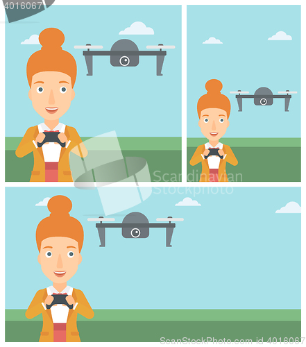 Image of Woman flying drone vector illustration.