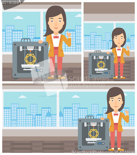 Image of Woman with three D printer vector illustration.