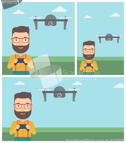 Image of Man flying drone vector illustration.