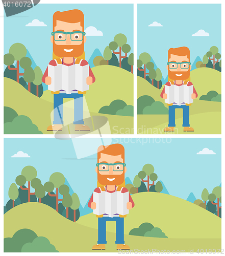 Image of Traveler with backpack looking at map.
