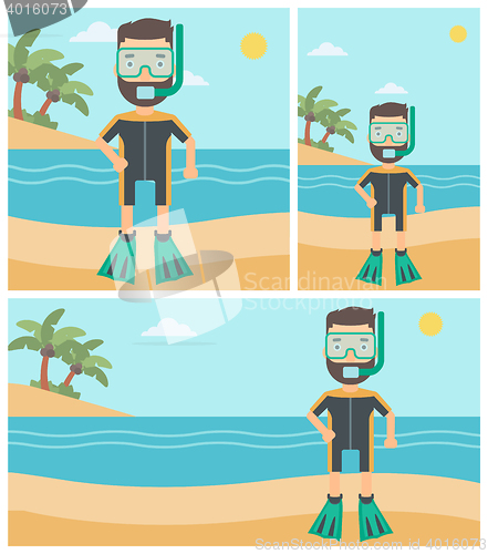 Image of Male scuba diver on the beach vector illustration.