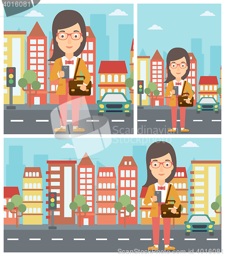 Image of Woman using smartphone vector illustration.