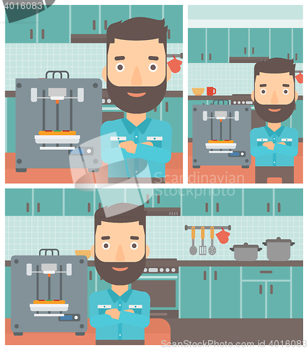 Image of Man with three D printer vector illustration.