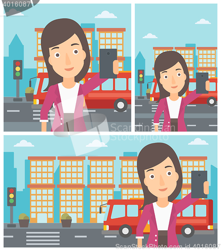 Image of Woman making selfie vector illustration.