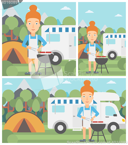 Image of Woman having barbecue in front of camper van.