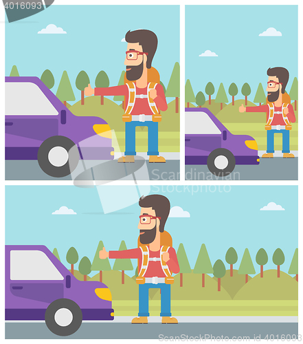 Image of Young man hitchhiking vector illustration.