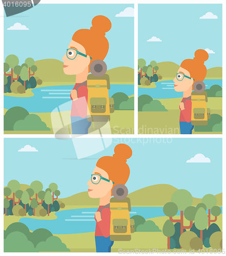 Image of Woman with backpack hiking vector illustration.