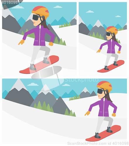 Image of Young woman snowboarding vector illustration.