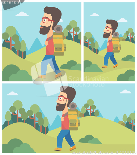 Image of Man with backpack hiking vector illustration.