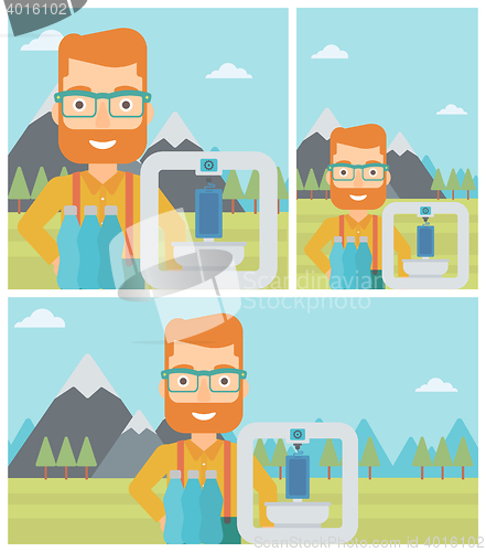 Image of Man with three D printer vector illustration.