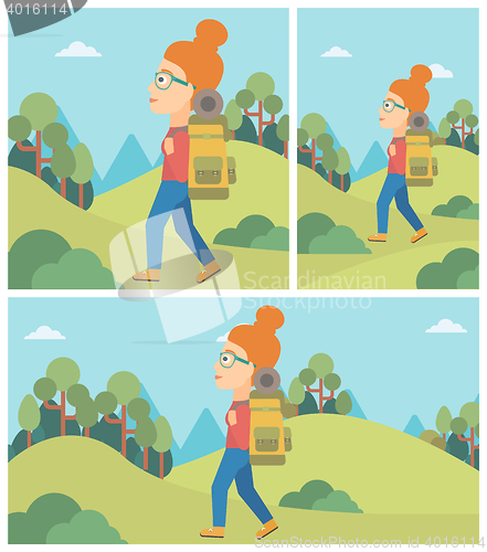 Image of Woman with backpack hiking vector illustration.