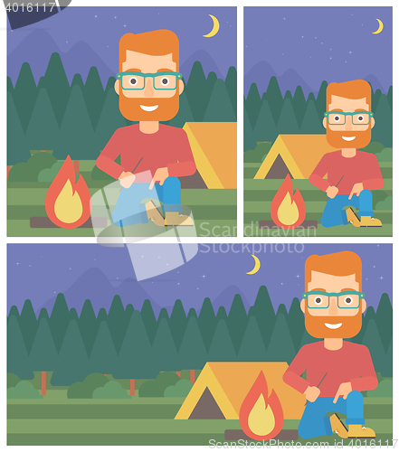 Image of Man kindling campfire vector illustration.