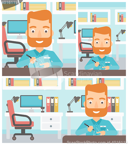 Image of Man using three D pen vector illustration.