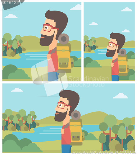 Image of Man with backpack hiking vector illustration.