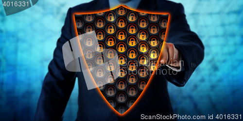 Image of Businessman Activating Virtual Antivirus Shield 