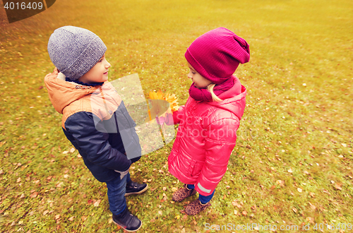 Image of little boy giving autumn maple leaves to girl