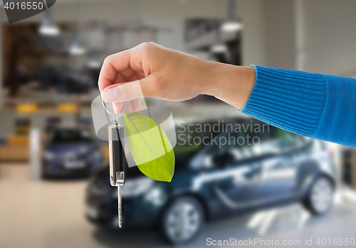 Image of close up of hand holding car key with green leaf