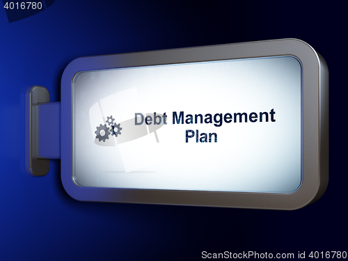 Image of Business concept: Debt Management Plan and Gears on billboard background