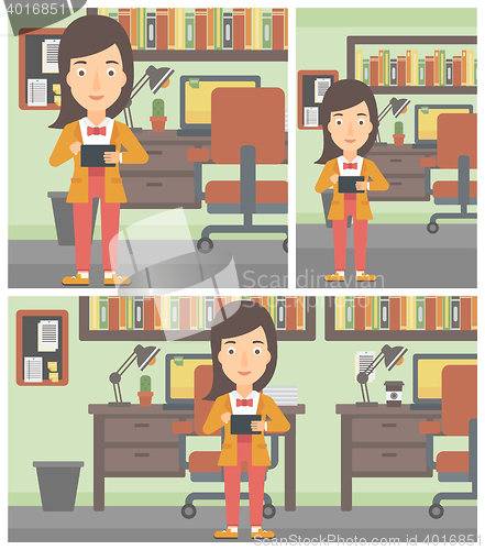 Image of Woman using tablet computer vector illustration.
