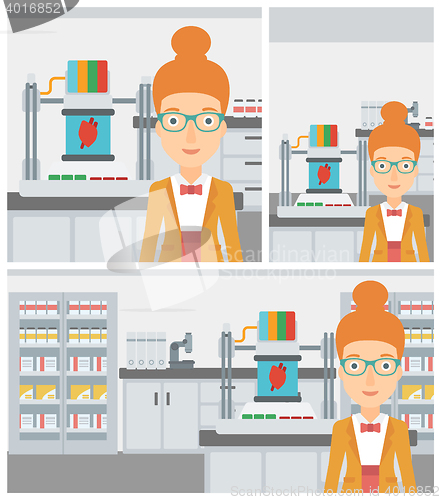 Image of Woman with three D printer vector illustration.