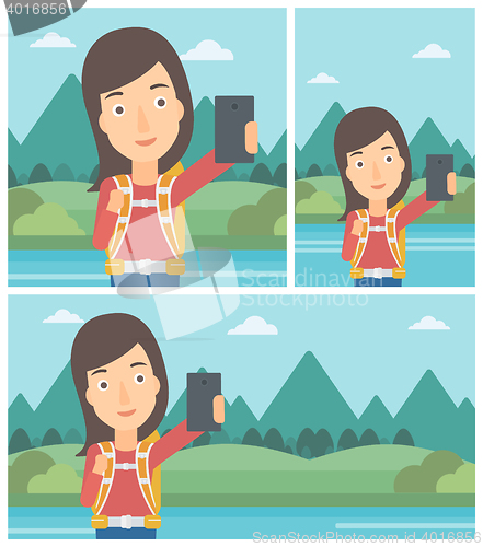 Image of Woman with backpack making selfie.