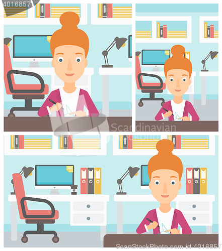 Image of Woman using three D pen vector illustration.