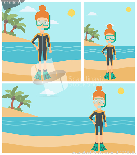 Image of Female scuba diver on beach vector illustration.
