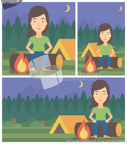 Image of Woman sitting on log in the camping.