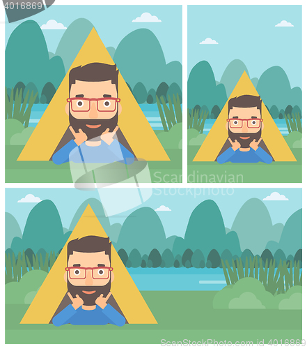 Image of Man lying in camping tent vector illustration.