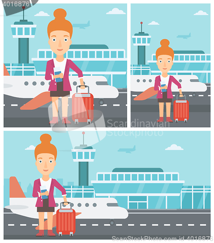 Image of Woman with suitcase and ticket at the airport.