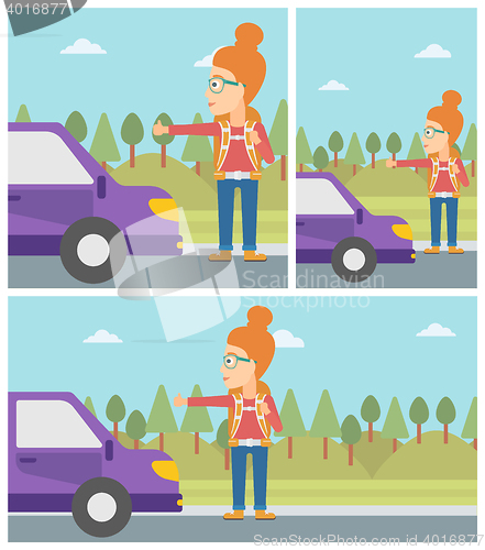 Image of Young woman hitchhiking vector illustration.