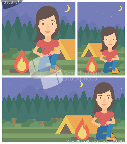 Image of Woman kindling campfire vector illustration.