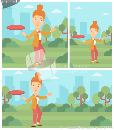 Image of Woman playing flying disc vector illustration.