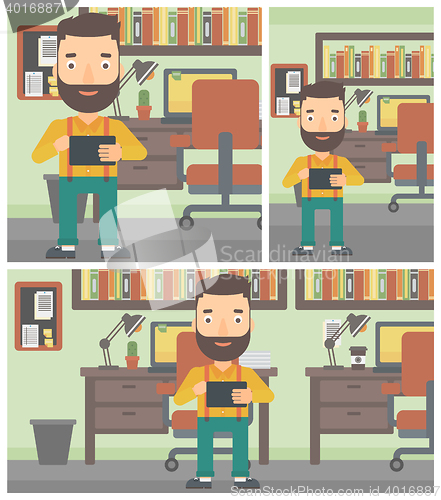 Image of Man using tablet computer vector illustration.