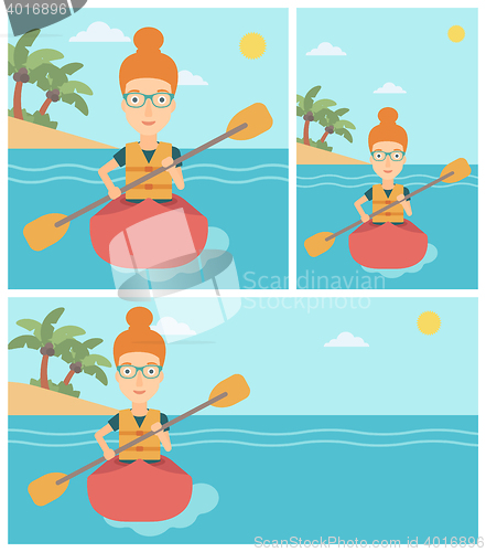 Image of Woman riding in kayak vector illustration.