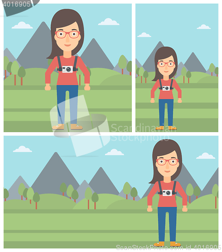 Image of Woman with camera on chest vector illustration.