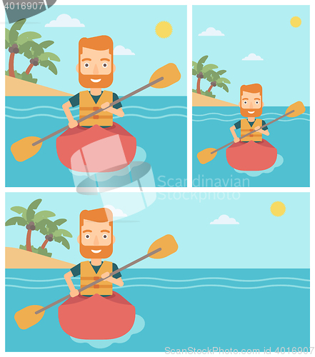 Image of Man riding in kayak vector illustration.