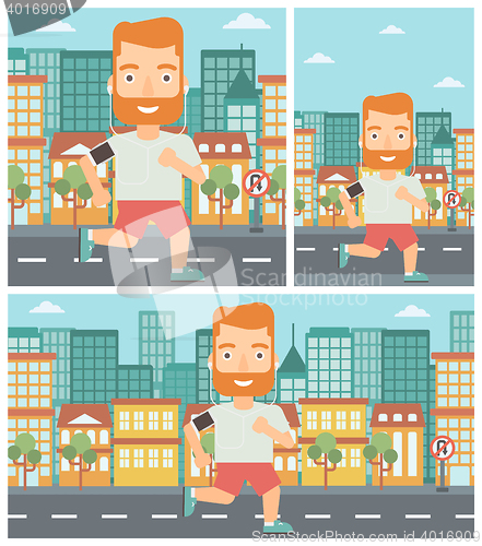 Image of Man running with earphones and smartphone.