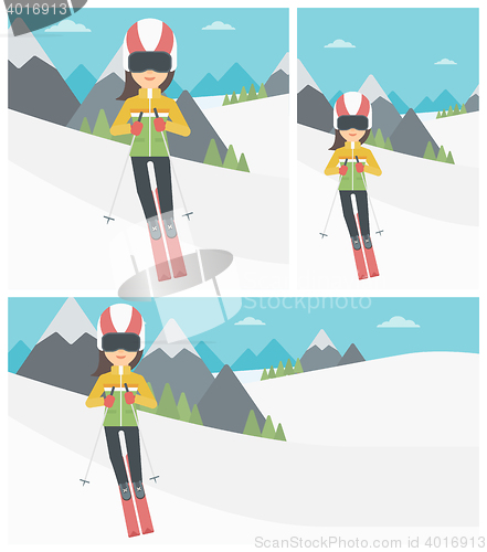 Image of Young woman skiing vector illustration.