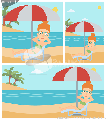 Image of Woman relaxing on beach chair vector illustration.