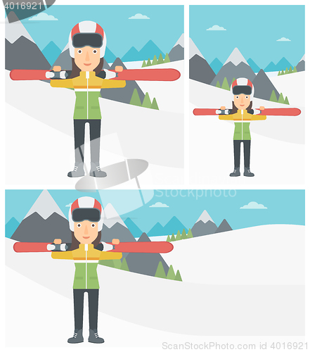 Image of Woman holding skis vector illustration.