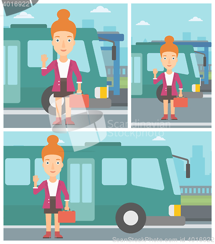 Image of Woman travelling by bus vector illustration.