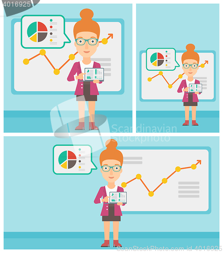 Image of Business woman presenting report on a laptop.