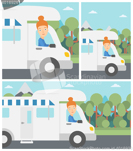 Image of Woman driving motor home vector illustration.