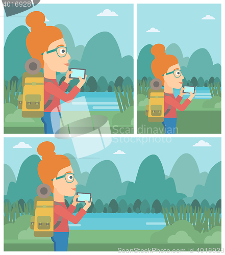 Image of Woman with backpack taking photo.