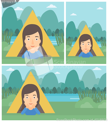 Image of Woman lying in camping tent vector illustration.