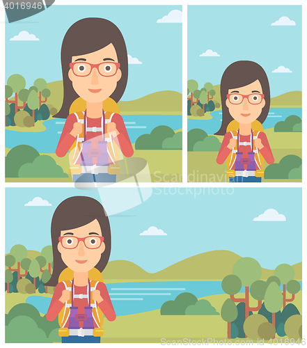 Image of Cheerful traveler with backpack.