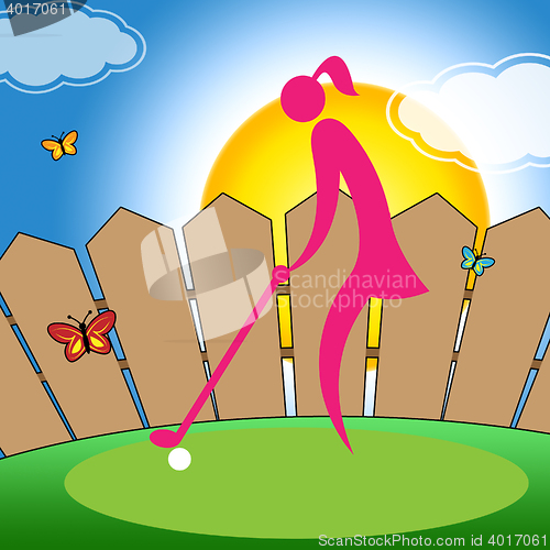 Image of Woman Teeing Off Shows Golf Course Lady Professional