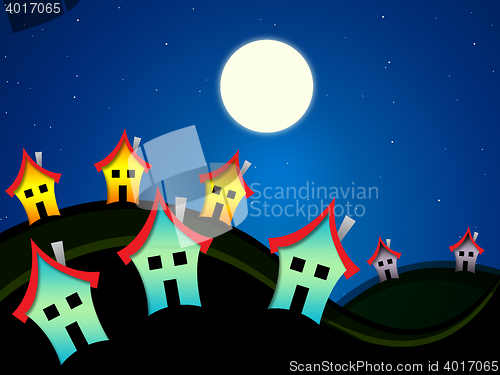 Image of Houses At Nighttime Indicates Dark Evening Properties