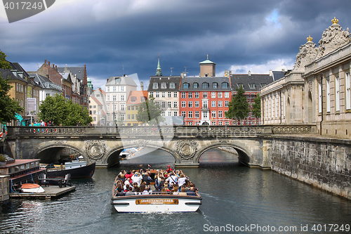 Image of COPENHAGEN, DENMARK - AUGUST 14, 2016: View of canal, boat with 